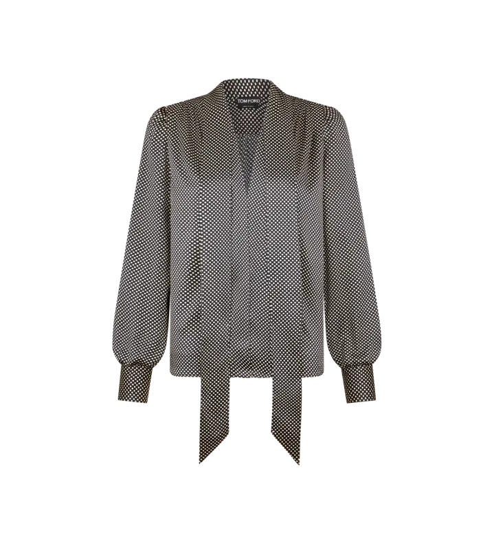 LONG SLEEVE V-NECK LAVALLIERE SILK BLOUSE BLACK/WHITE online